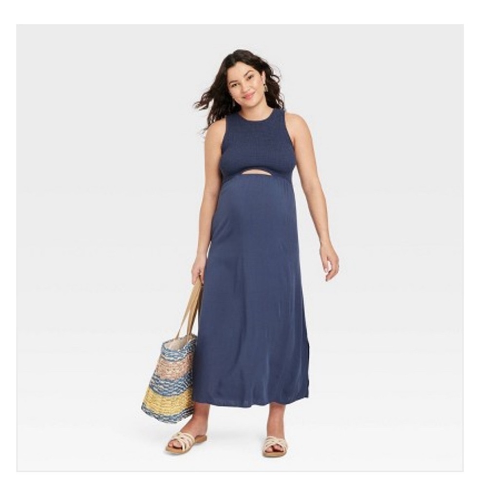 Isabel Maternity Women's S Navy Blue Smocked Cut Out Maxi Maternity Dress